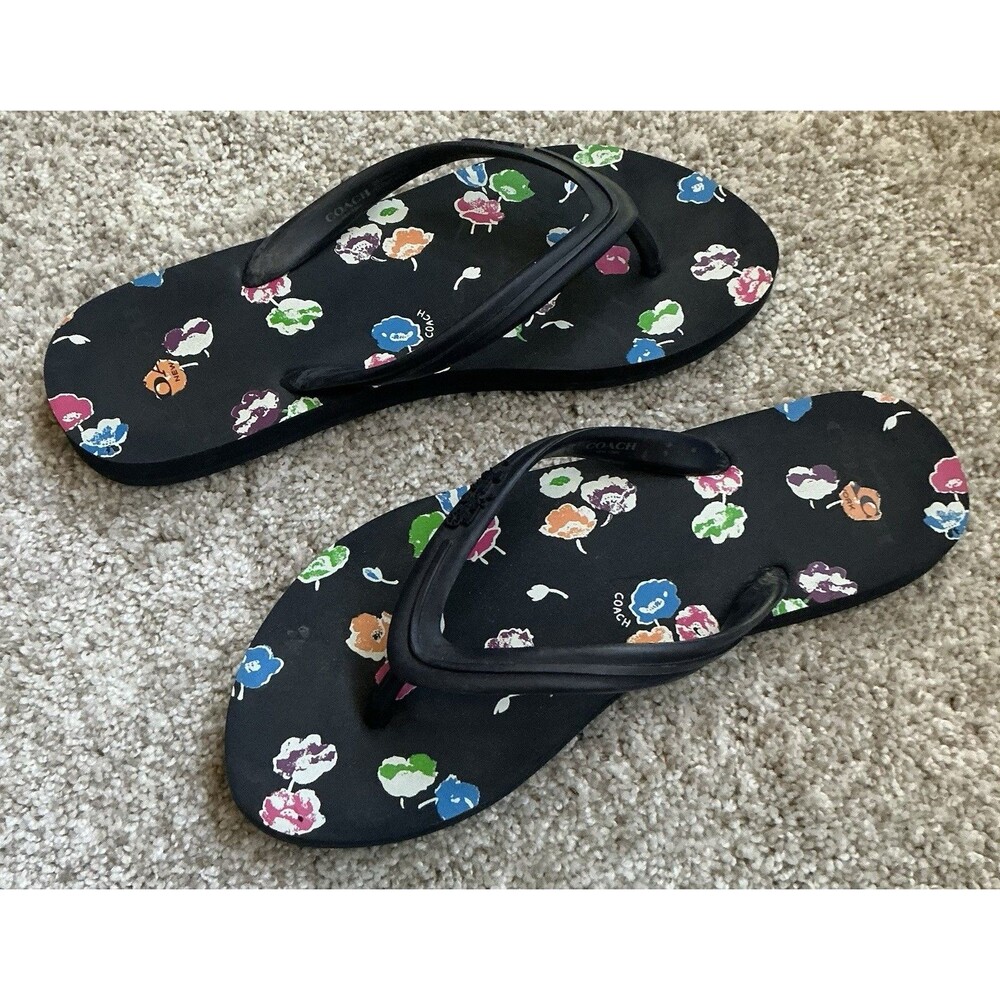 Coach Clementine Wild Flower Flip Flops Navy Blue Size 7 EUC